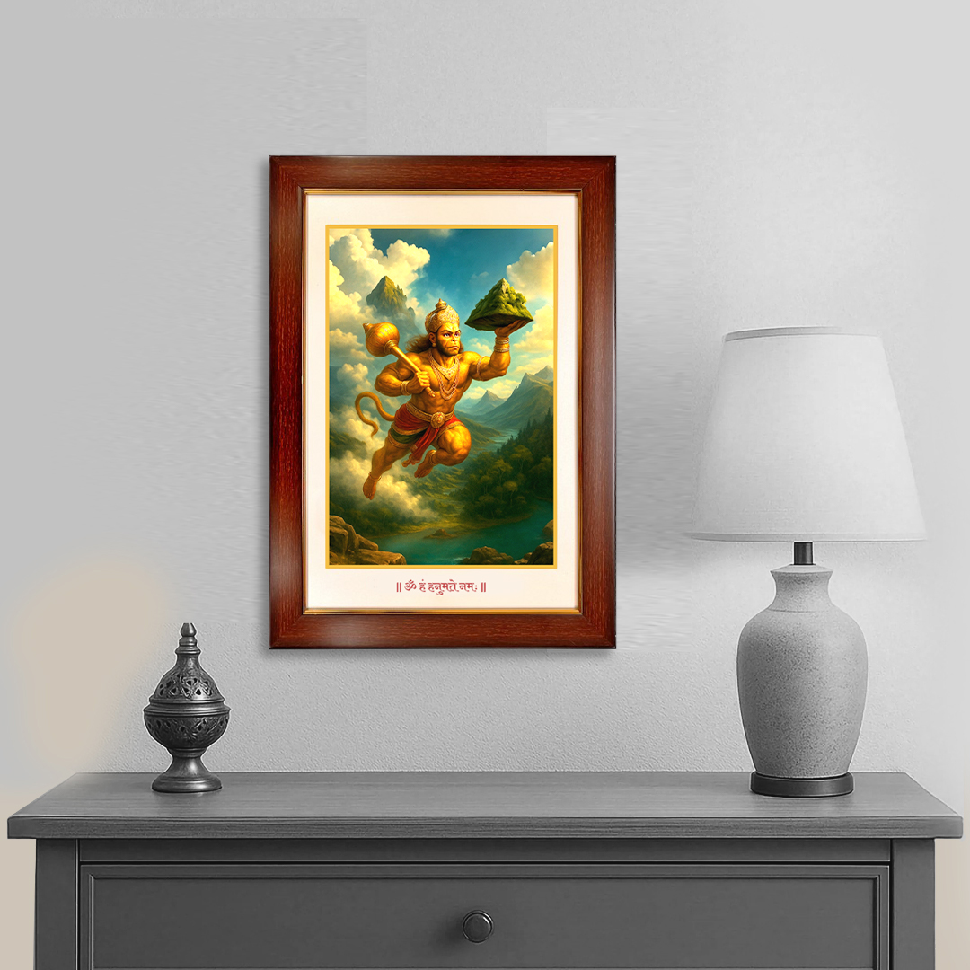 God Hanuman Flying With The Mountain Photo Frame For Growth In Professional Life
